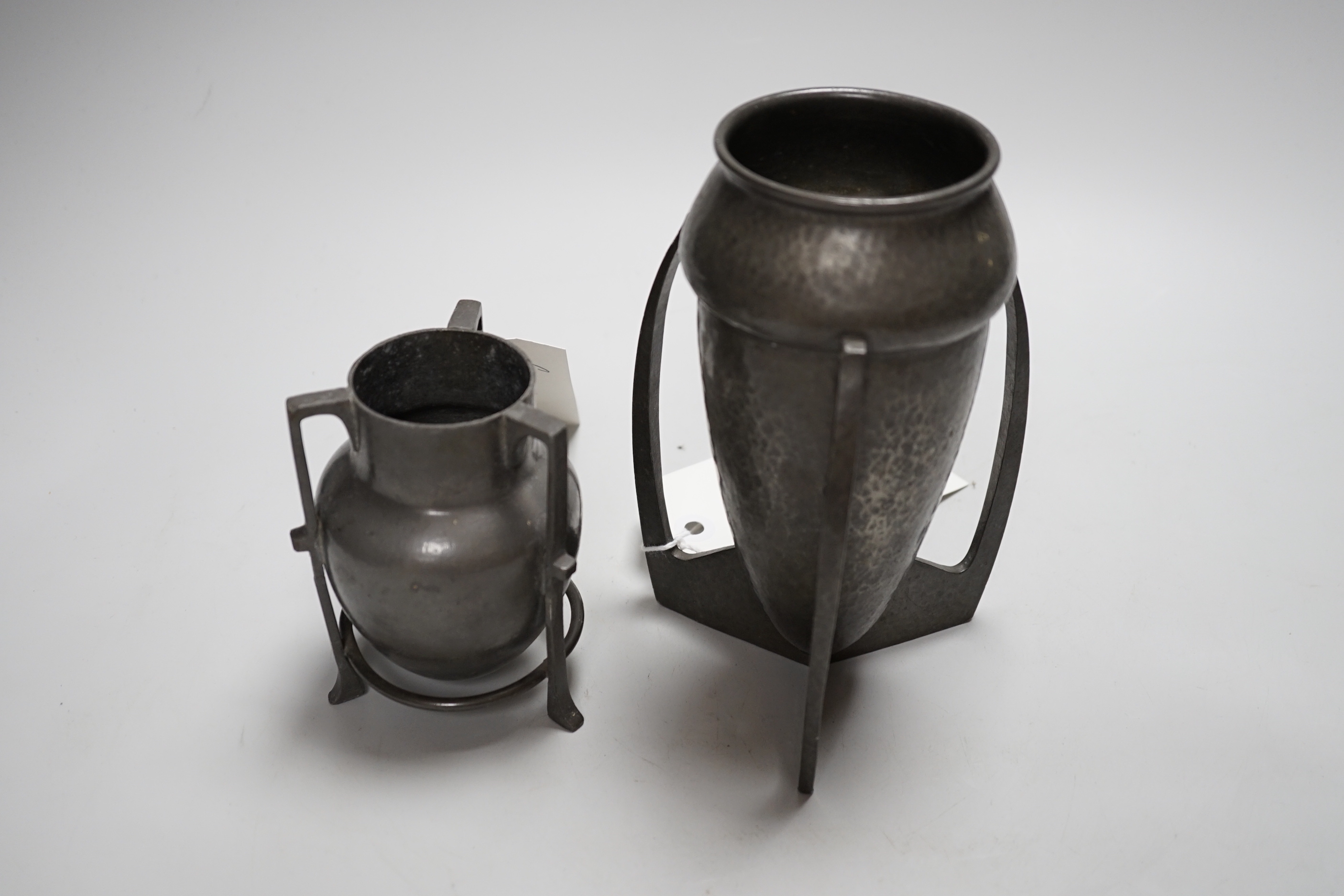 A Liberty’s Tudric Archibald Knox pewter vase and similar Connell pewter pot, Tudric vase 18.5cm high